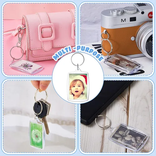 Vista 4 de Junkin 800 llaveros acrílicos para marco de fotos, 2.2 x 1.6 pulgadas, rectángulo, transparente, a granel, para manualidades, regalos familiares