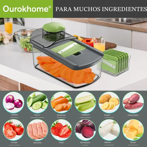 Vista 6 de Ourokhome Cortador de mandolina para cocina, rallador de verduras seguro para manos con 6 cuchillas de mandolina, cortador de gofres para papas
