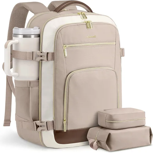 Vista 59 de LOVEVOOK Mochila de viaje para mujer y hombre, Beige, Mochilas de viaje