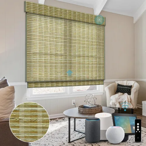 Vista 8 de SmartWings Persianas motorizadas de madera natural tejida para ventanas, persianas romanas eléctricas con control remoto para puertas correderas