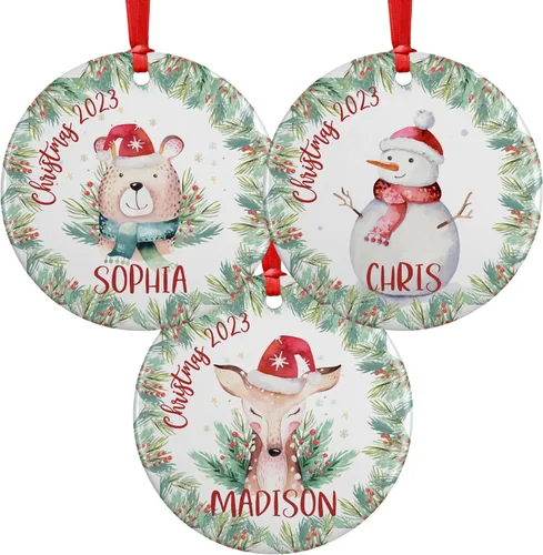 Vista 8 de Adorno de Navidad personalizado para niños con nombre y fecha, 6 diseños, metal personalizado de 3 pulgadas, aluminio, adorno de Navidad redondo