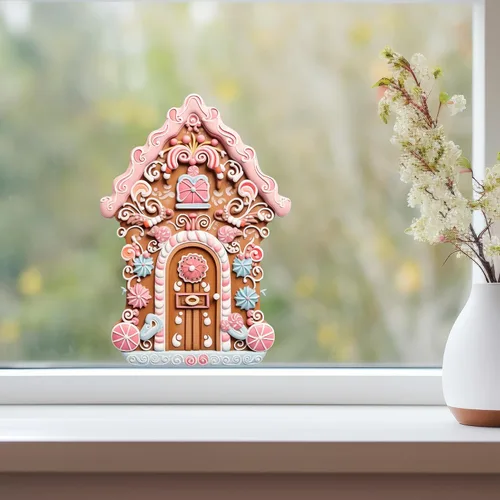 Vista 3 de Adhesivo de pared de casa de pueblo de Navidad, decoración de casa de jengibre glaseado rosa