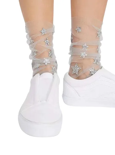 Vista 6 de FXmimior Calcetines de tul con purpurina caliente y estrellas para mujer, Blanco