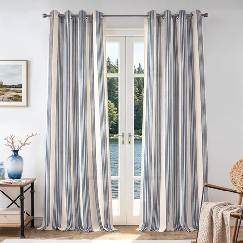 Vista 74 de DriftAway Cortinas de estilo granja con rayas verticales de lino mezclado texturizado con filtro de luz semitransparente para sala de estar