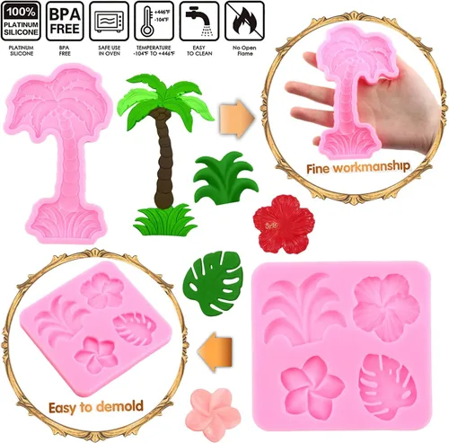 Vista 3 de Molde de silicona de flamenco de hojas tropicales, hibisco, plumeria, flores, hojas de Monstera, moldes para fondant, árbol de coco hawaiano, moldes