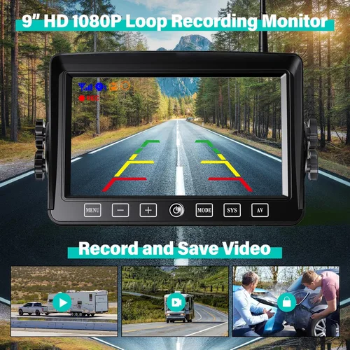 Vista 3 de Cámara de respaldo inalámbrica, monitor de grabación en bucle HD 1080P de 9 pulgadas con 2 sistemas de cámara de visión trasera para automóviles