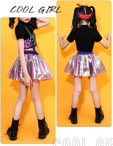 Vista 6 de Happy Cherry Ropa de baile Hip Hop para niñas, chaqueta de lentejuelas, vestido de jersey, conjunto de animadoras, disfraz de jazz callejero