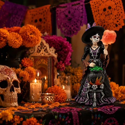 Vista 7 de Comfy Hour Figura de bruja del Día de los Muertos de 8 pulgadas, decoración Cocinar bruja