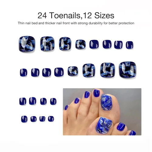 Vista 3 de 24 uñas postizas francesas artificiales a presión, 12 tamaños, uñas postizas cuadradas cortas (azul abstracto)