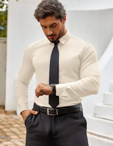 Vista 3 de COOFANDY Camisas de vestir ajustadas para hombre, sin arrugas, manga larga, casuales, con botones Beige