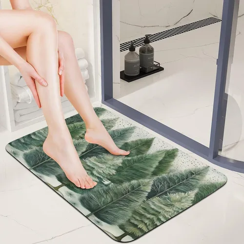 Vista 2 de Alfombra de baño de goma antideslizante de pino verde con copos de nieve, secado rápido, súper absorbente, ajuste fino debajo de la puerta, árboles