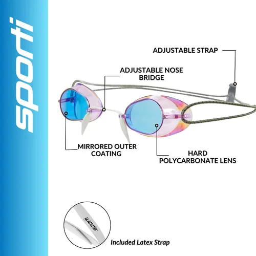 Vista 2 de Sporti Gafas de natación unisex para adultos, antiempañamiento sueco/sueco premium/sueco espejo + correa elástica
