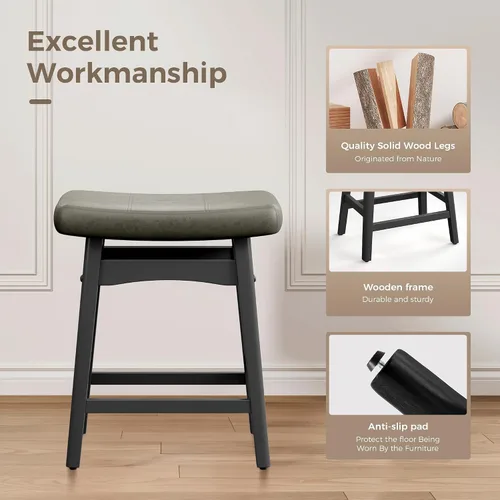 Vista 5 de MAISON ARTS Juego de 4 taburetes de bar grises para encimera de cocina, patas de madera maciza con asiento de silla de montar de piel sintética