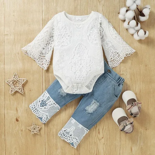 Vista 2 de Tikoubabe Ropa de bebé para niña y niño con encaje blanco y manga larga + pantalones vaqueros