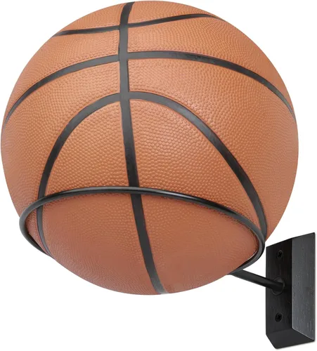 Vista 5 de Soporte de pared para baloncesto VIVTOB, soporte de pared para pelota de 7 pulgadas con base de madera maciza de nogal negro y anillo de metal