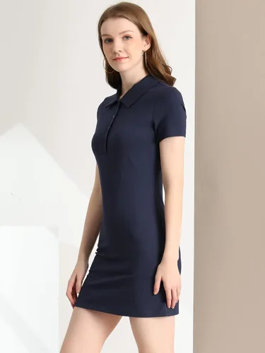 Vista 4 de Allegra K Vestido de manga corta para mujer, con cuello polo, para golf, tenis, elástico, mini vestido de algodón, M