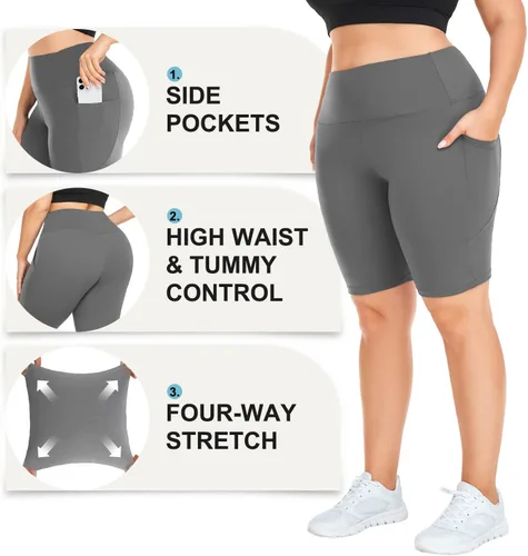 Vista 10 de MOREFEEL Pantalones cortos de ciclismo de talla grande de 8 pulgadas con bolsillos para mujer, cintura alta, control de abdomen, pantalones cortos