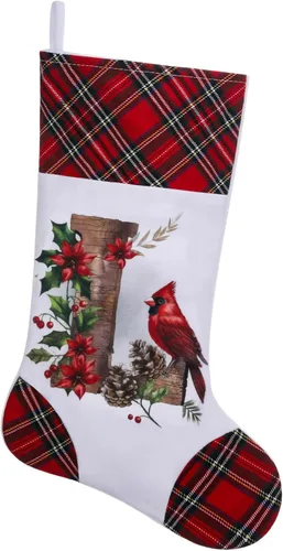 Vista 15 de Medias de Navidad personalizadas de 20 pulgadas, diseño cardenal, medias con monograma inicial para decoración colgante de chimenea, familia, letra A