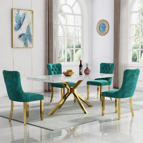 Vista 40 de HomVent - Juego de mesa de comedor de mármol sintético de 68 pulgadas con 4 sillas de terciopelo para cocina Modern Rectangular Faux Marble