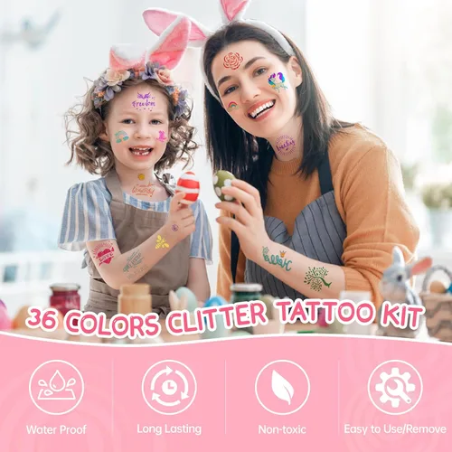 Vista 4 de Kit de tatuaje temporal con purpurina para niños, 220 plantillas, más de 70 calcomanías para niños, 36 colores de purpurina, 3 pegamento, 5