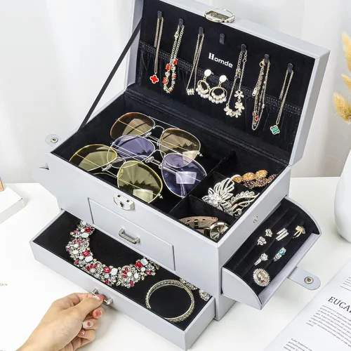 Vista 7 de Homde Joyero organizador para mujeres y niñas estuche grande de almacenamiento de joyas con cajón collar aretes anillos reloj gafas de sol