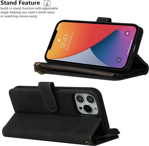 Vista 5 de iCoverCase Compatible con iPhone 13 Pro Max - Funda tipo cartera para teléfono con tarjetero, piel sintética, bolsillo con cremallera, magnética