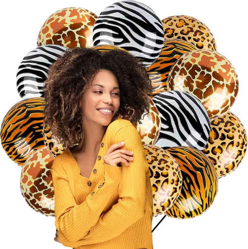 Vista 8 de 8 globos con patrón de animales de safari, globos redondos de aluminio Mylar de 18 pulgadas, estampado de jirafa, tigre, cebra, leopardo