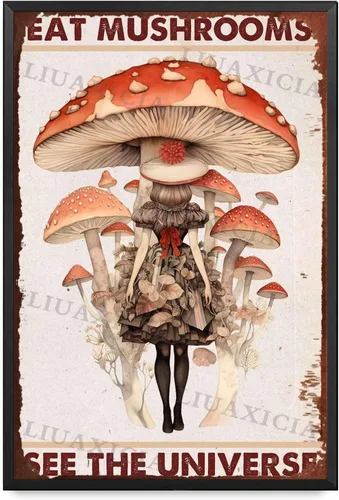 Vista 13 de Letrero retro de hojalata con texto en inglés "Eat Mushrooms See The Universe for Kitchen Bar Garage Decor 8.00"x12.00