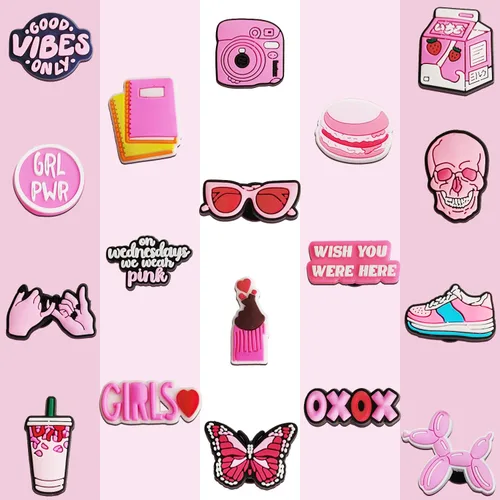 Vista 8 de IOKUKI 35 dijes rosados para zapatos para niñas y mujeres, decoración estética de zapatos para sandalias de zuecos, regalos de fiesta rosa