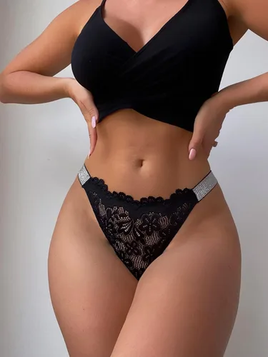 Vista 5 de SOLY HUX Tangas de encaje con purpurina para mujer, ropa interior sexy