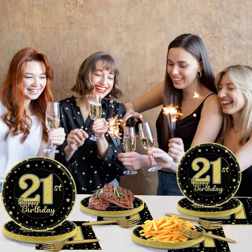 Vista 7 de 200 piezas de suministros para fiesta de cumpleaños de 21 años, platos de papel negro dorado, Brindis por 21 años, platos de papel y servilletas