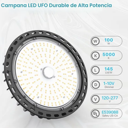 Vista 2 de HYPERLITE Luces LED High Bay de 100 W, 14,500 lm (145 lm/w) 5000 K, 1-10 V, regulable, cable de 5' con enchufe de 110 V, gancho de EE. UU., listado