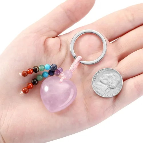 Vista 4 de Jovivi Llavero de piedra de amor de cristal de cuarzo rosa natural, 7 chakras, reki, cuentas de piedras preciosas de cristal curativo con borla