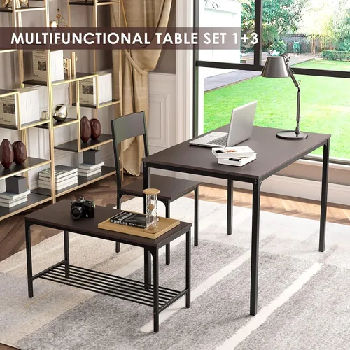 Vista 6 de Juego de mesa de comedor de 4 piezas con 2 sillas y banco, mesa de cocina de madera de 43 pulgadas para el hogar, cocina, comedor, espacio pequeño