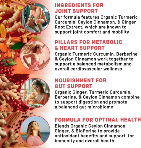 Vista 4 de Suplemento orgánico de cúrcuma y curcumina 5 en 1 (4210 mg) con berberina, canela de Ceilán, BioPerine y suplementos de jengibre para el apoyo