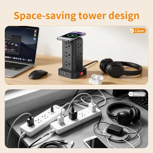 Vista 7 de SMALLRT - Cable de extensión con múltiples tomas, torre de regleta de alimentación con protector de sobretensiones, extensor de salida con 12
