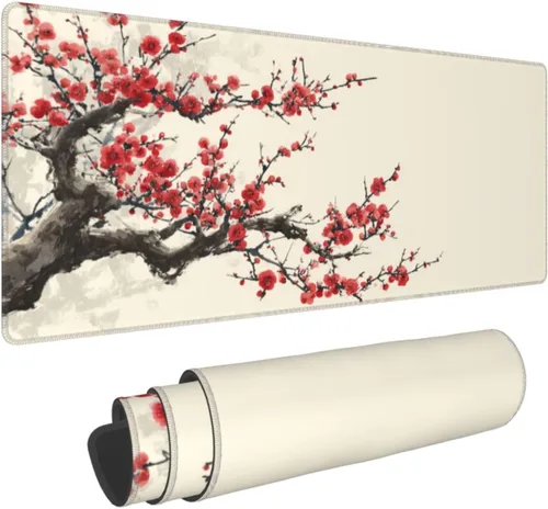 Vista 19 de Alfombrilla de mouse para juegos con diseño de flores y cerezas, base de goma antideslizante, alfombrilla de mouse extendida con bordes cosidos
