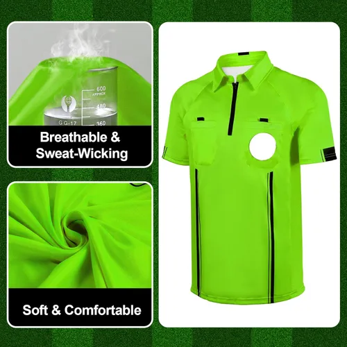Vista 4 de Camisa de árbitro para hombre, camiseta de árbitro de fútbol amarillo/verde, camiseta oficial de árbitro de fútbol profesional para hombre