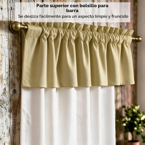 Vista 4 de Cenefa Beige Oscurecedora para Ventana, Cortina Corta con Bolsillo para Barra, Cenefa Primitiva para Sala de Estar, Baño, Guardería, Cocina, Ventana