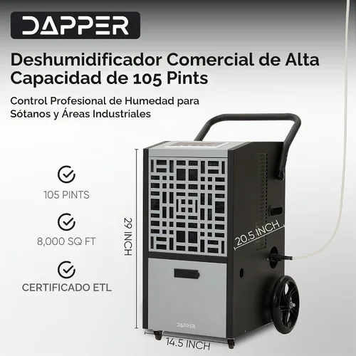 Vista 7 de Deshumidificador comercial de 105 pintas para sótanos y espacios industriales - Bomba integrada, manguera de drenaje, funcionamiento continuo