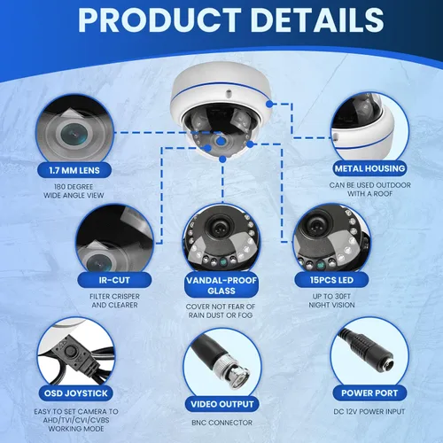 Vista 3 de Cámara de vigilancia de seguridad HD 1080P 2MP de 180 grados con cable coaxial Fisheye, lente de 1.7mm, cámara domo de súper gran angular