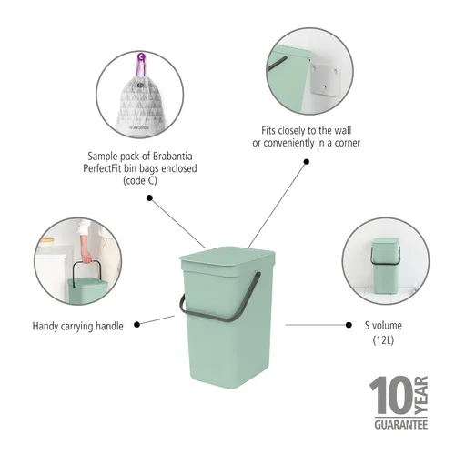 Vista 3 de Brabantia Sort & Go Cubo de Reciclaje 3.2 Galones (Verde Jade) Cubo de Basura de Plástico Eficiente en Espacio con Asa, Tapa Removible y Que