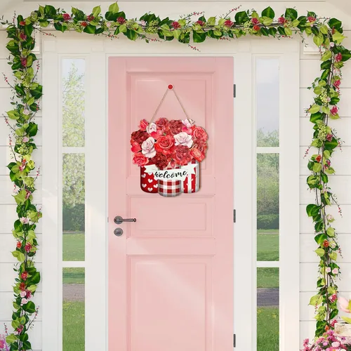 Vista 7 de Karenhi Corona de puerta del día de San Valentín para puerta delantera, letrero de madera, decoración del día de San Valentín, decoración