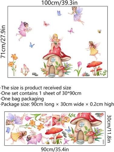 Vista 4 de Runtoo Calcomanías de pared de hongos de hadas, diseño de mariposa, elfo, decoración del hogar para dormitorio de niñas, niños, guardería