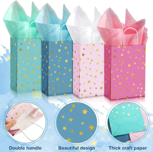 Vista 3 de Pajean Paquete de 32 bolsas de regalo de fiesta con temática de estrellas con asa, mini bolsas de regalo de papel kraft con pañuelos, suministros