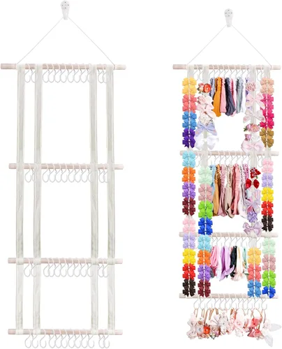 Vista 10 de cherrboll Organizador de lazos para el pelo con soporte para diadema para niñas, colgador de almacenamiento de pinzas para el cabello con ganchos