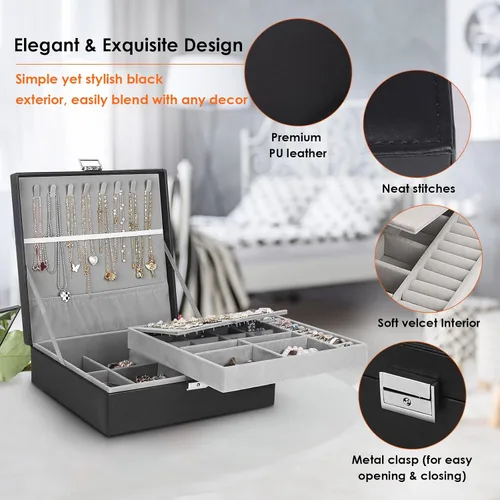 Vista 3 de Joyero joyero para mujeres y hombres con piel sintética organizador de joyas grande de 2 capas con cerradura para collares pulseras aretes anillos