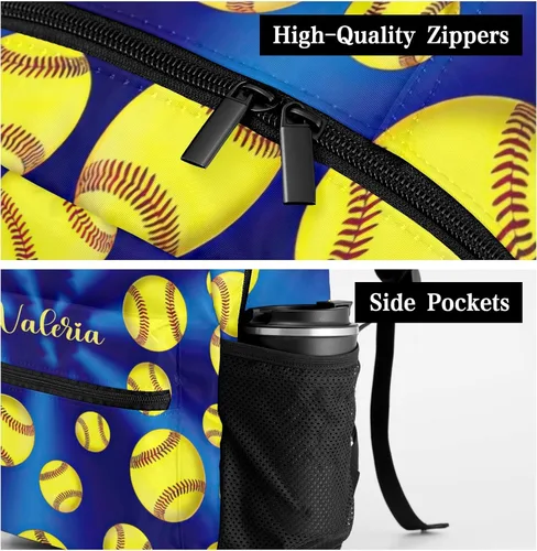 Vista 6 de Mochila unisex de sóftbol azul amarillo con nombre personalizado para niños personal de oficina diario Personalizado 1 Mochilas Daypack