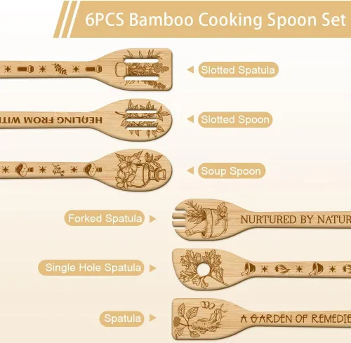 Vista 2 de GLOBLELAND Juego de 6 cucharas de madera a base de hierbas, juego de utensilios de cocina de bambú para refinar tallado de bambú, juego de espátulas