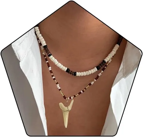 Vista 10 de Collar de capas de conchas Puka para hombres con cuentas de madera de coco marrón, collar bohemio de verano para hombres, collar de playa